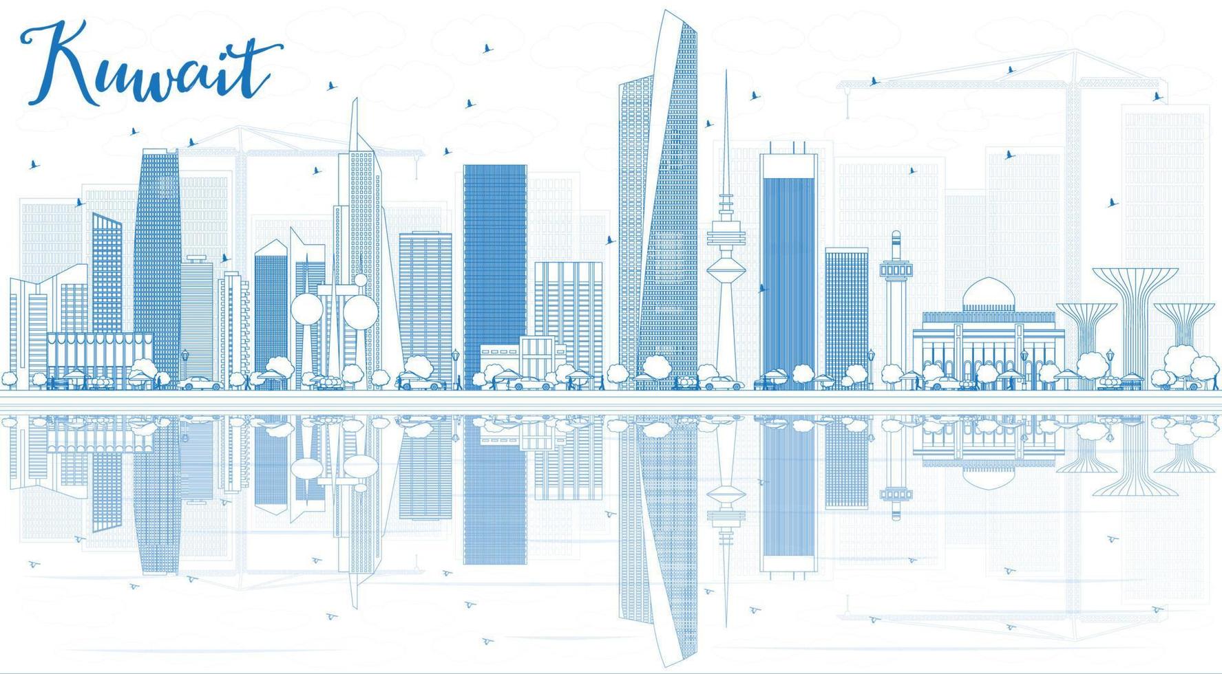 Outline Kuwait City Skyline with Blue Buildings and Reflections. vector