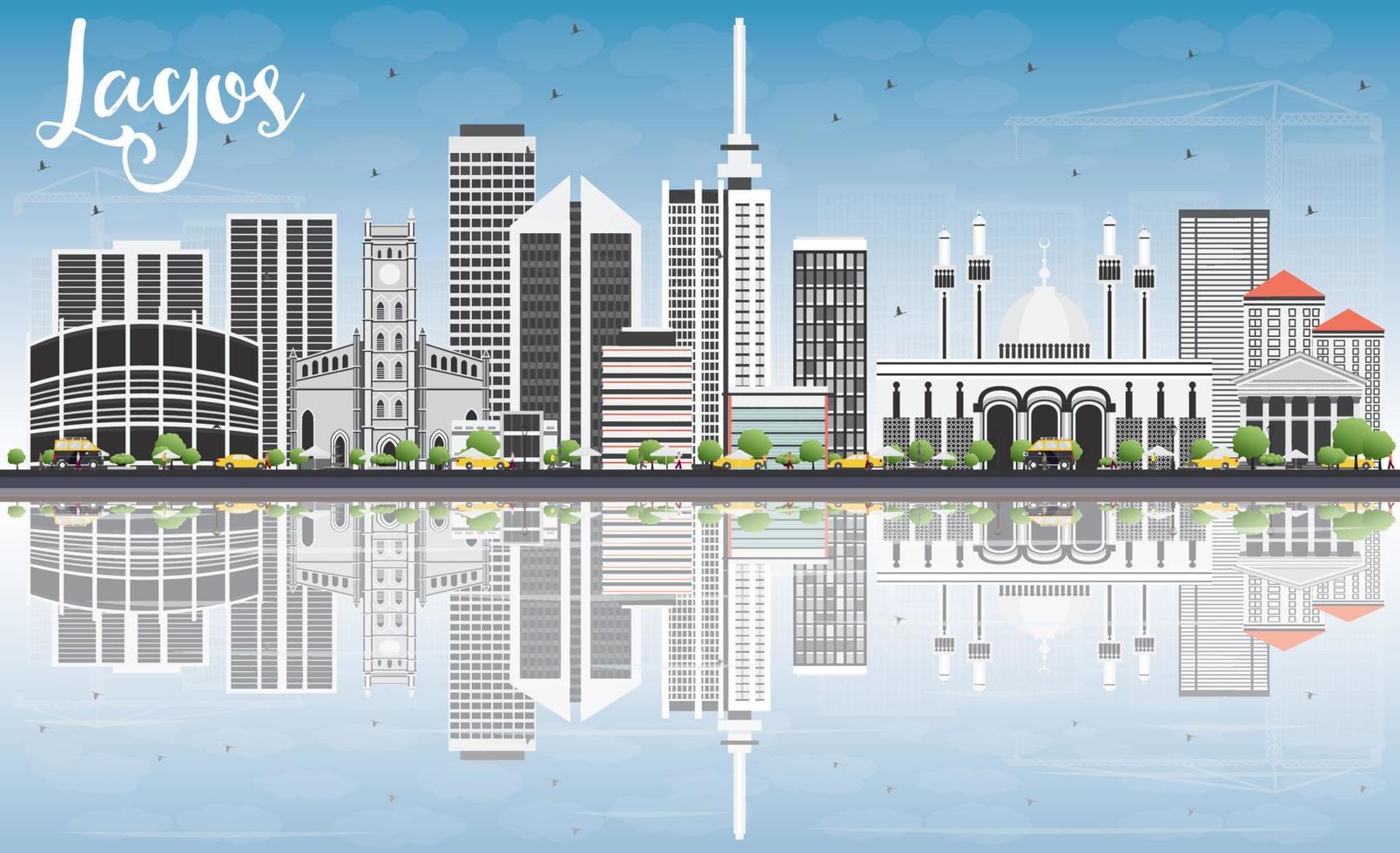Lagos Skyline with Gray Buildings, Blue Sky and Reflections. vector