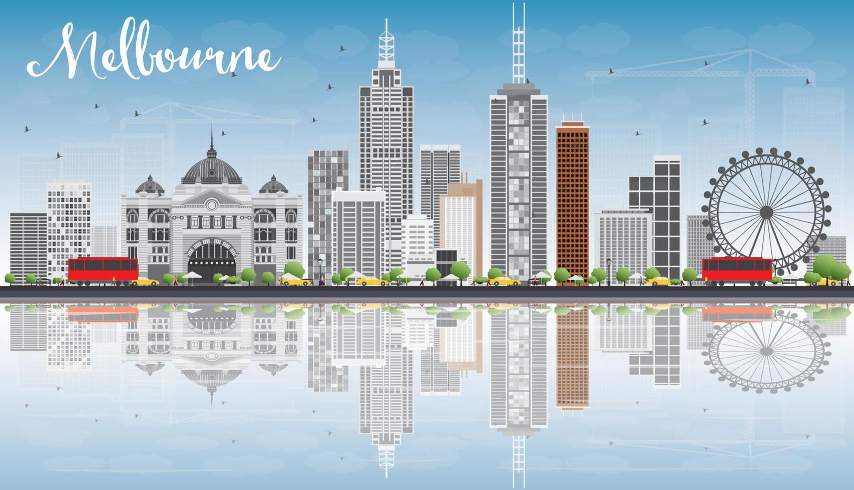 Melbourne Skyline with Gray Buildings, Blue Sky and Reflections. vector