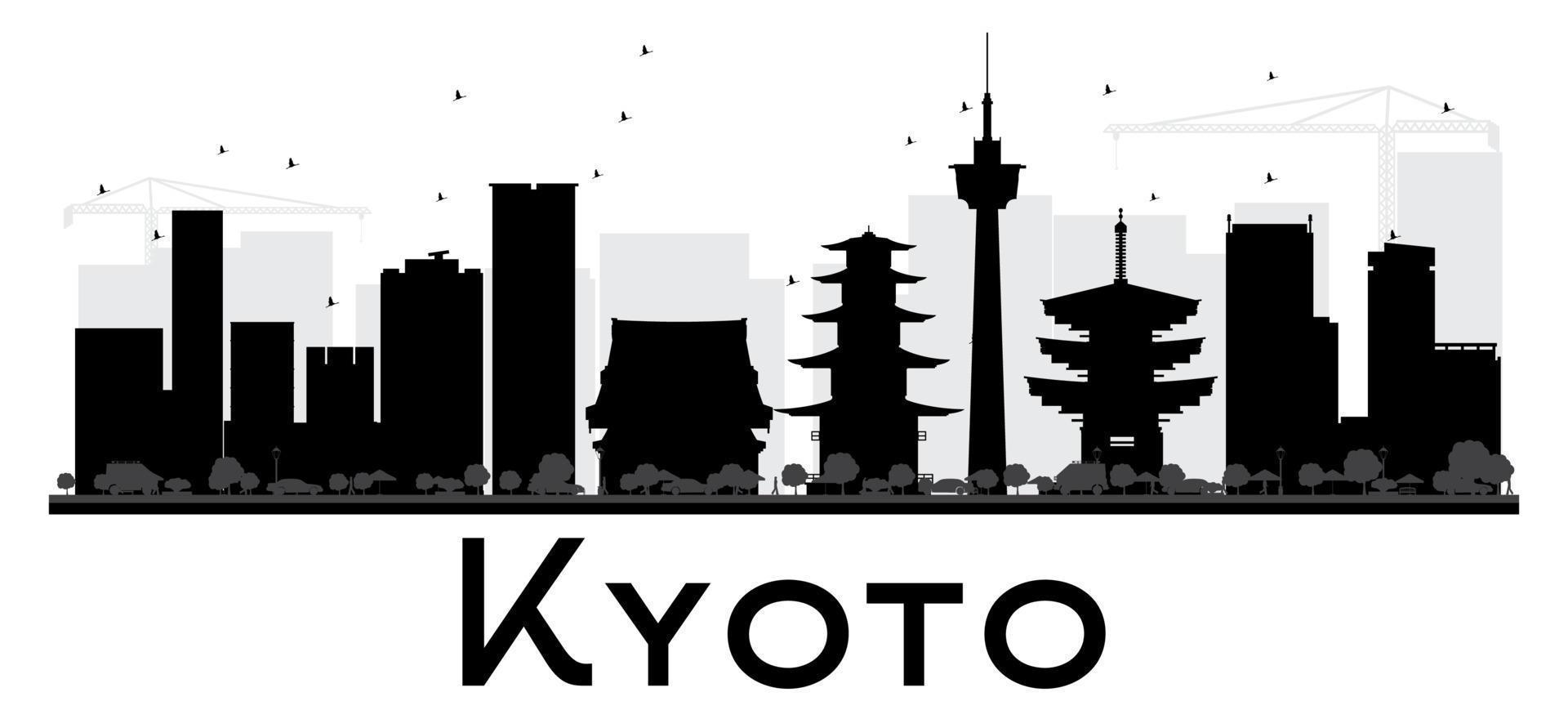 Silueta en blanco y negro del horizonte de la ciudad de Kioto. vector