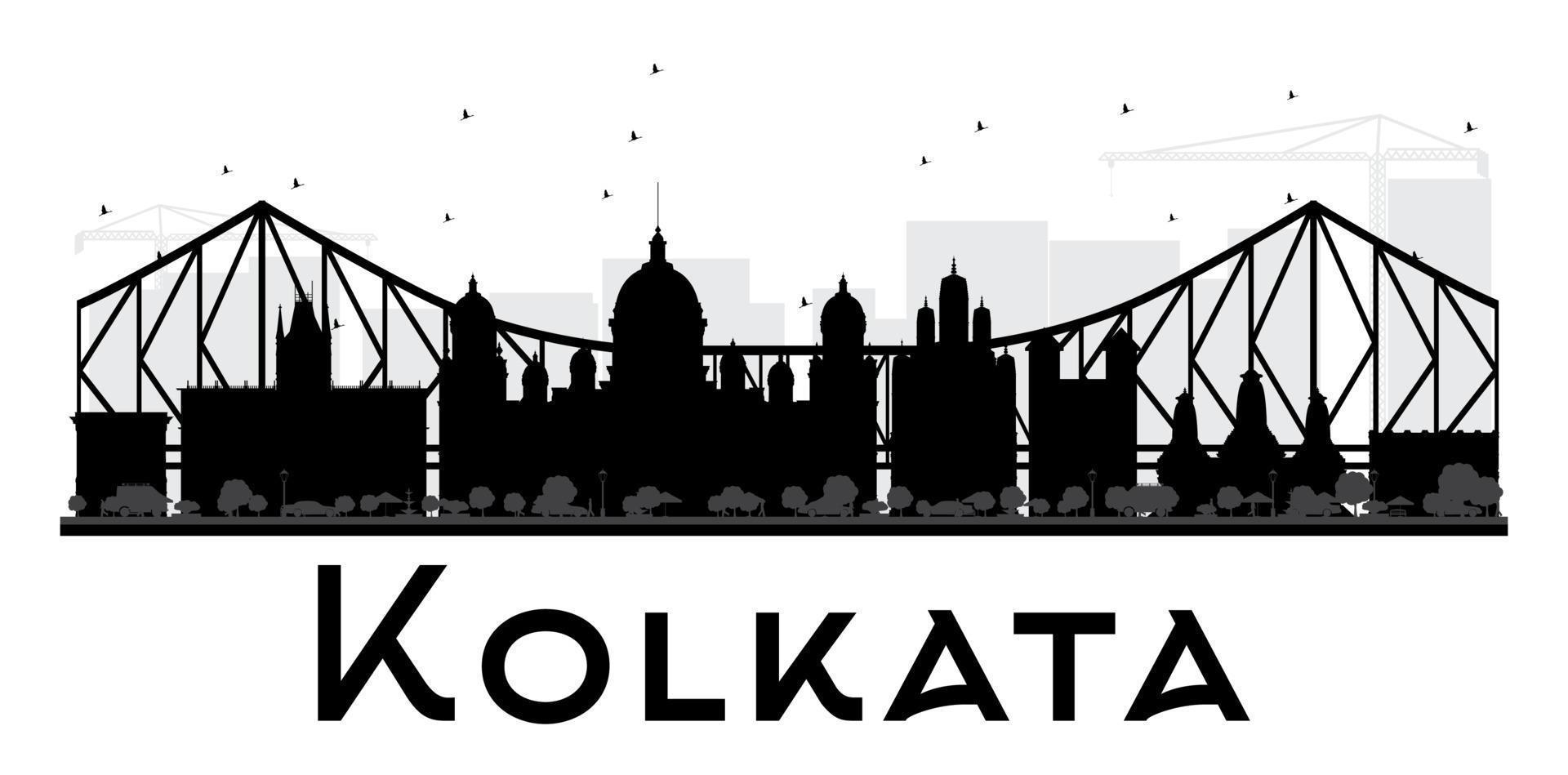 silueta en blanco y negro del horizonte de la ciudad de kolkata. vector