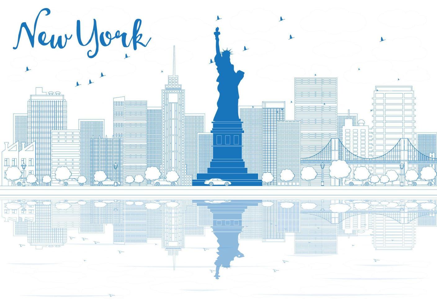 Outline New York city skyline with blue buildings. vector
