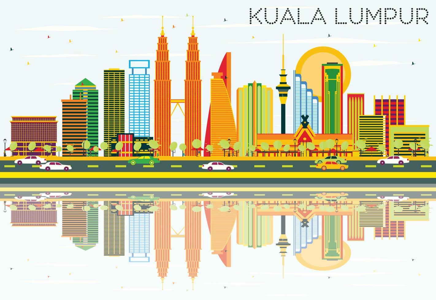 Kuala Lumpur Skyline with Color Buildings, Blue Sky and Reflections. vector