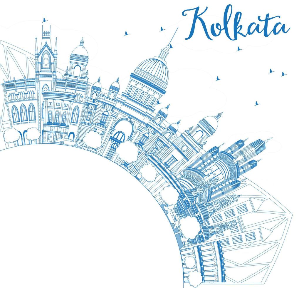 Outline Kolkata Skyline with Blue Landmarks and Copy Space. vector