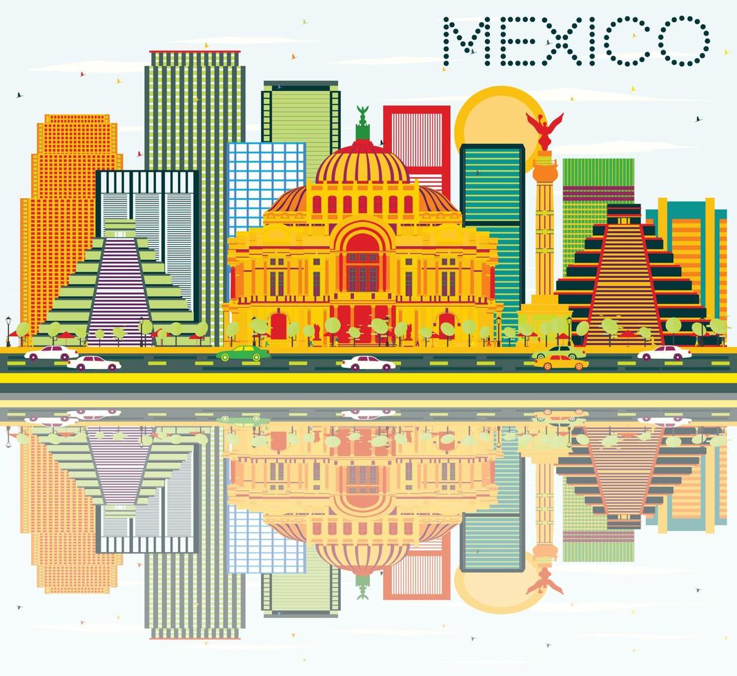 Mexico Skyline with Color Buildings, Blue Sky and Reflections. vector