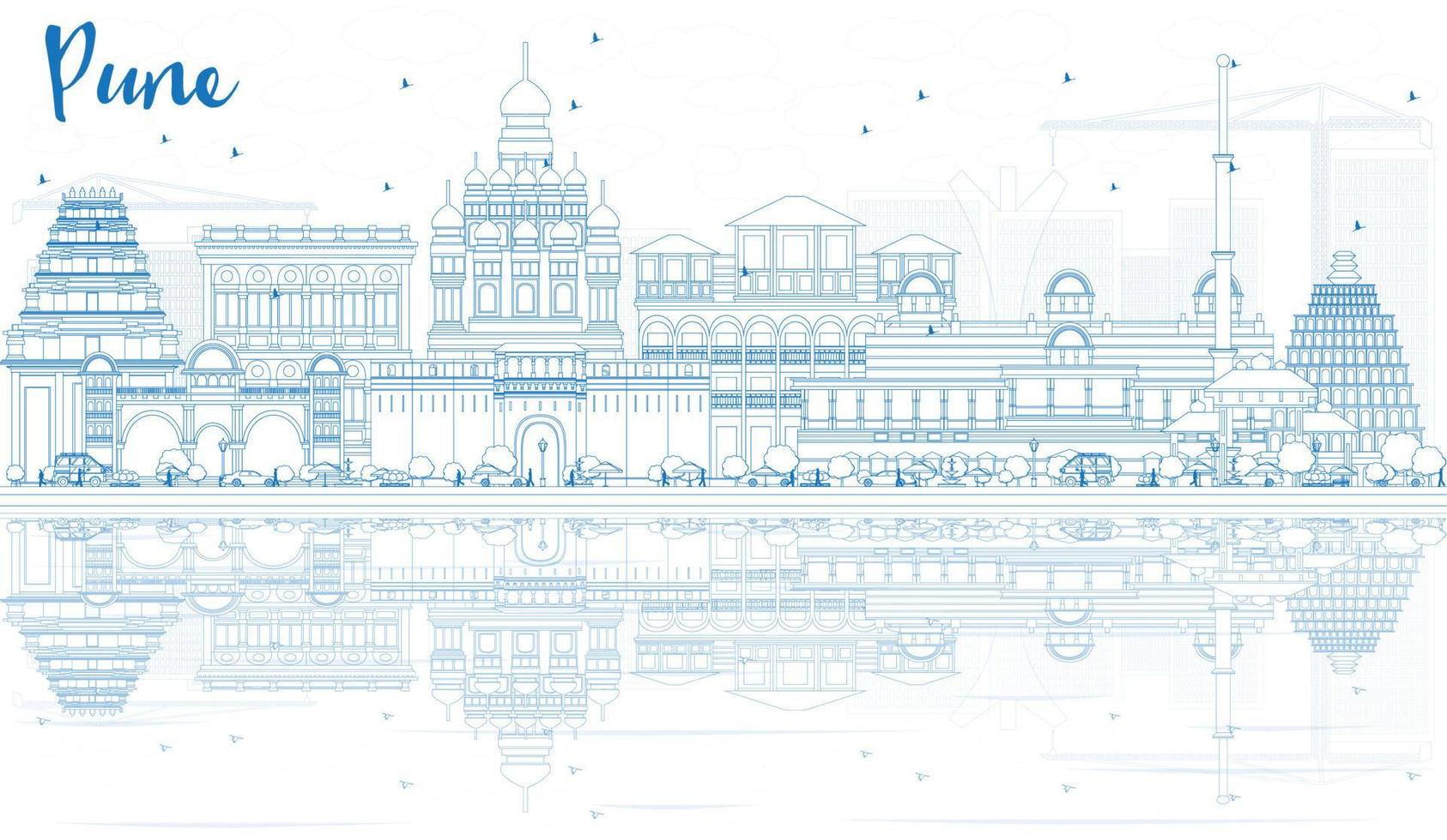 Outline Pune Skyline with Blue Buildings and Reflections. vector