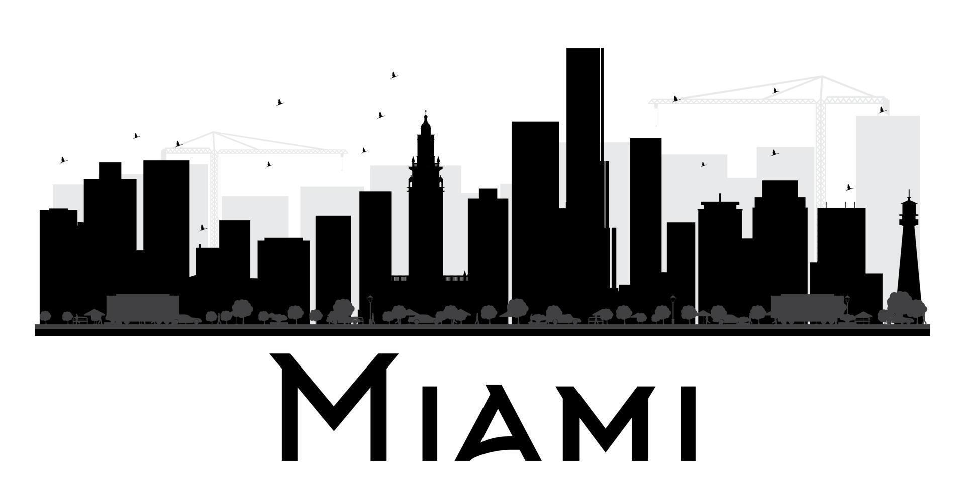 silueta en blanco y negro del horizonte de la ciudad de miami. vector