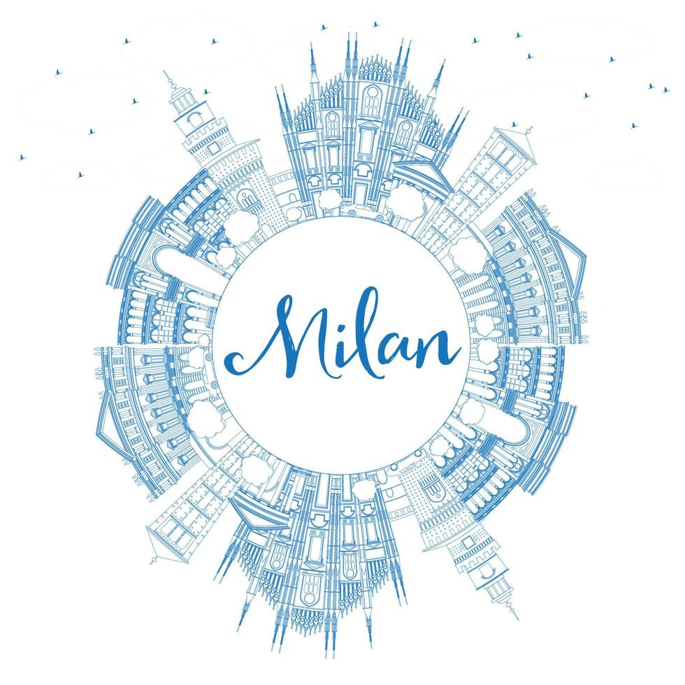 Outline Milan Skyline with Blue Landmarks and Copy Space. vector