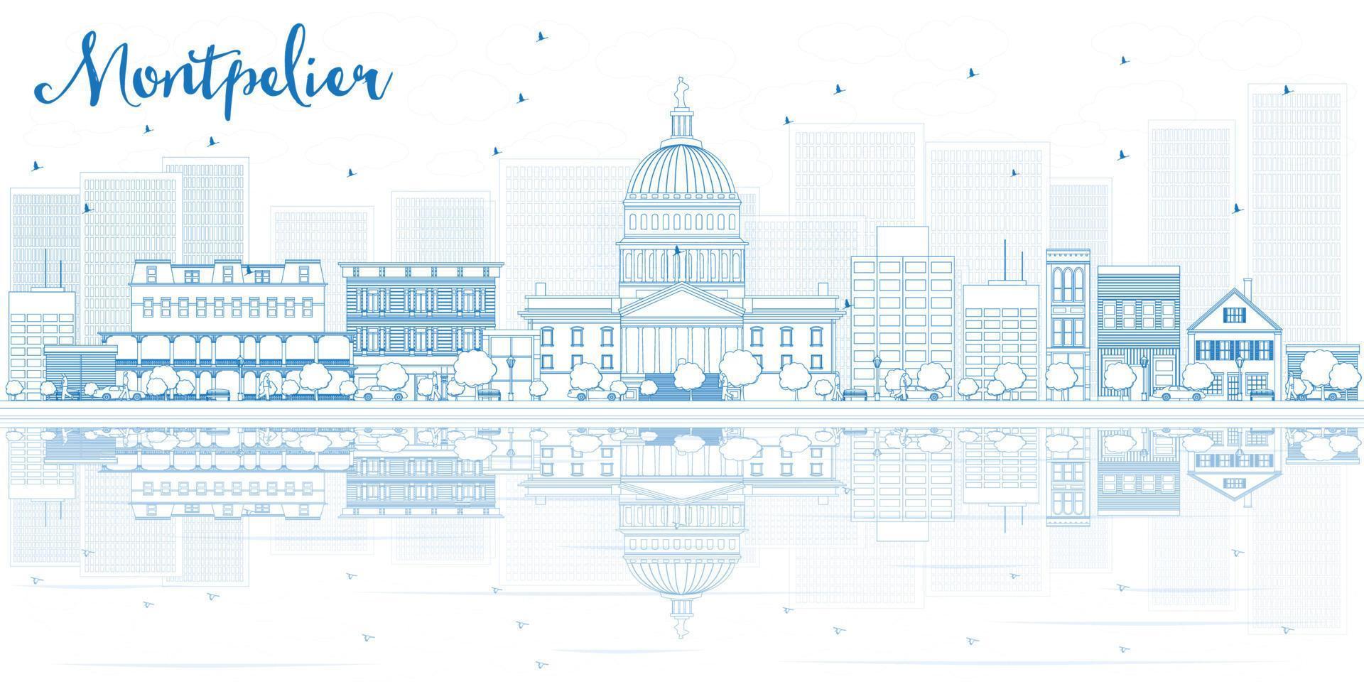 Outline Montpelier skyline with blue buildings and reflections. vector