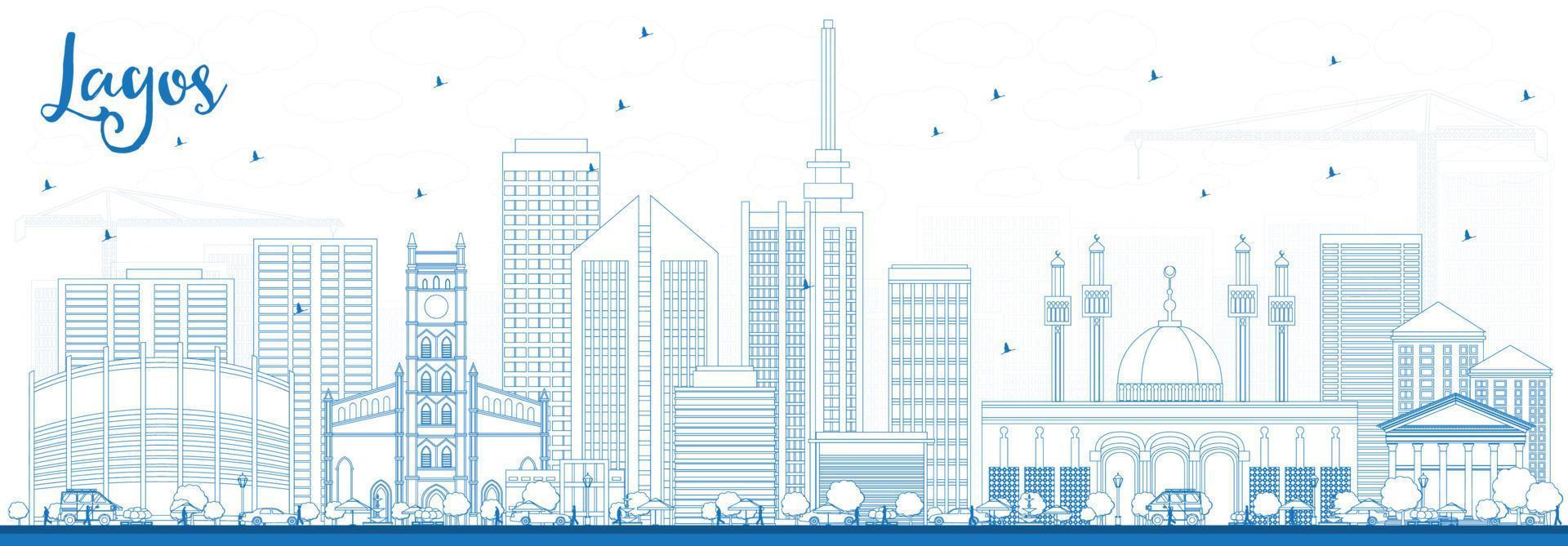 Outline Lagos Skyline with Blue Buildings. vector