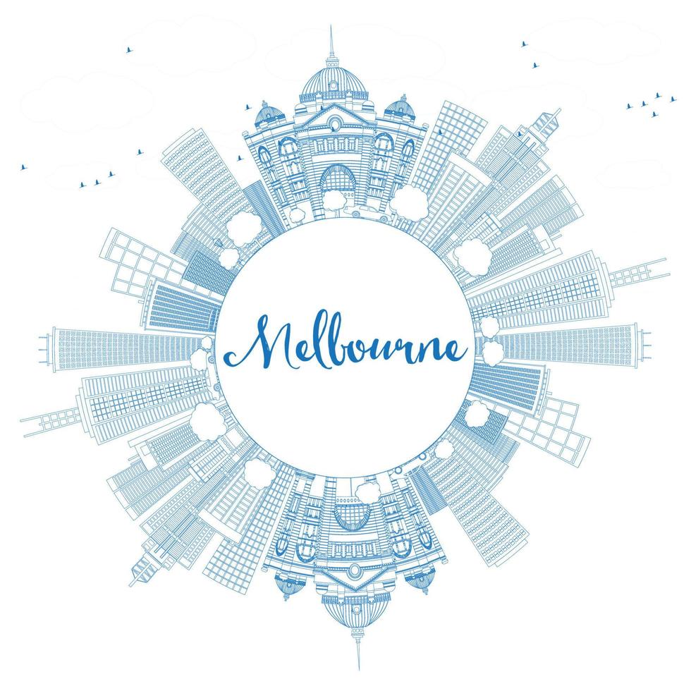 Outline Melbourne Skyline with Blue Buildings. vector
