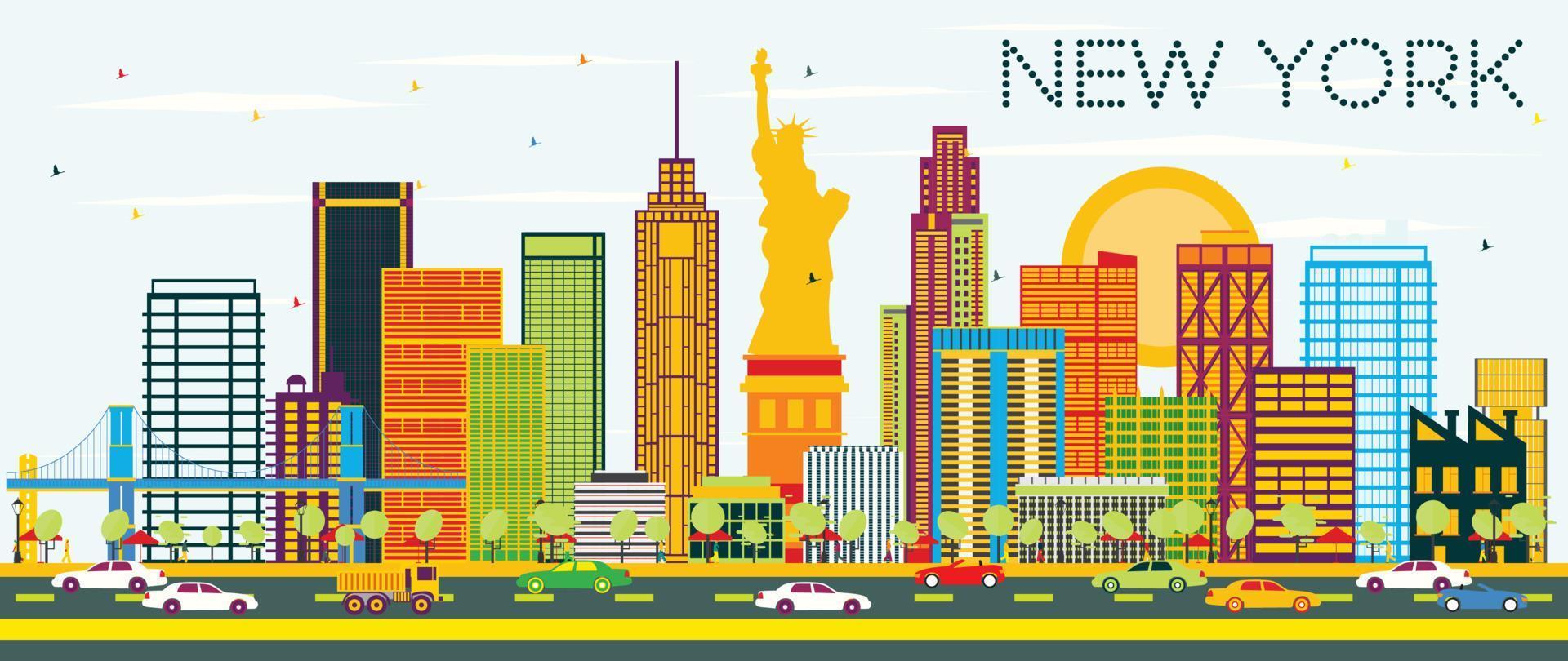 horizonte de nueva york con edificios de color y cielo azul. vector