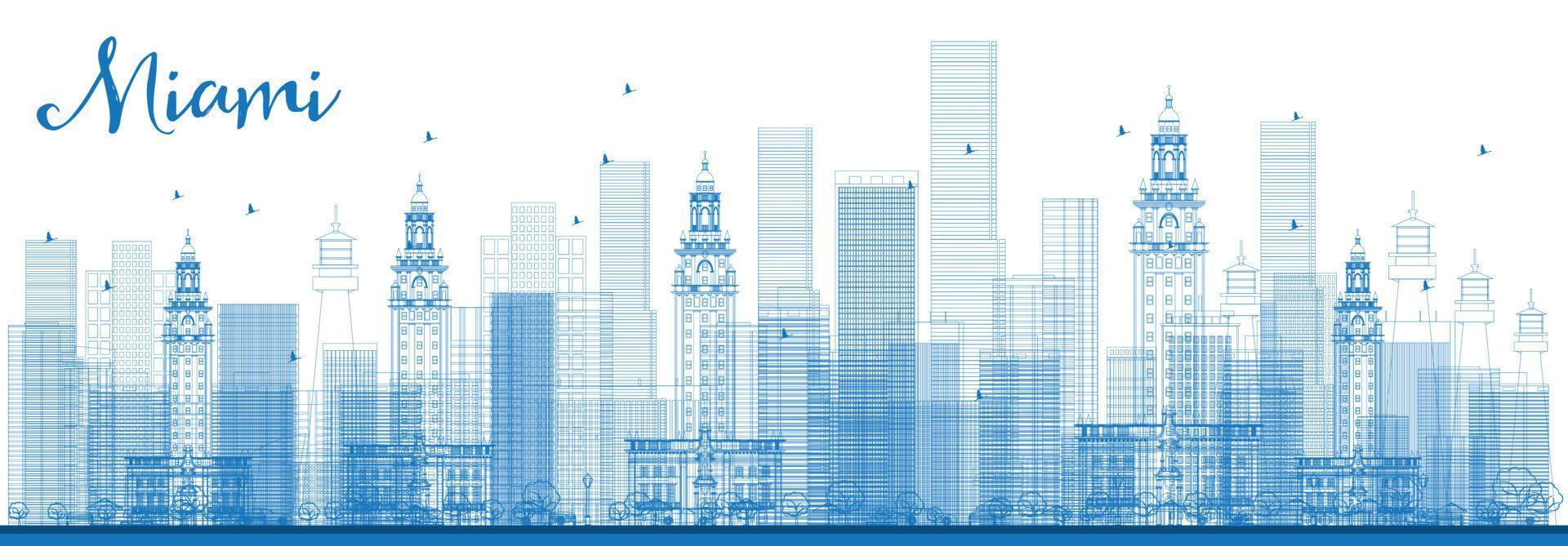 Outline Miami Skyline with Blue Buildings. vector