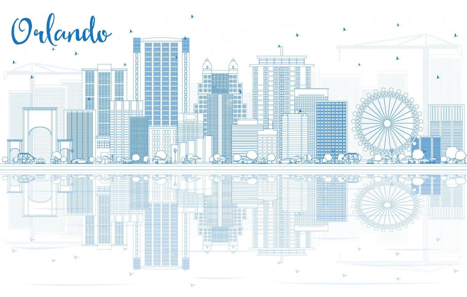 Outline Orlando Skyline with Blue Buildings and Reflections. vector