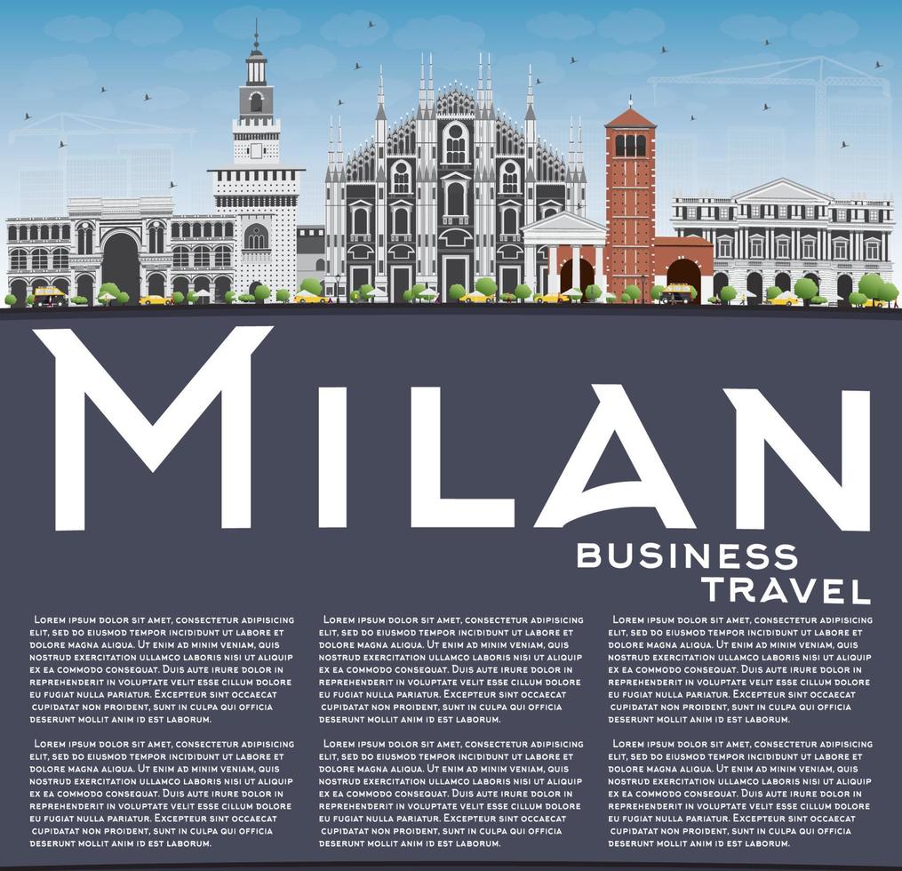 Milan Skyline with Gray Landmarks, Blue Sky and Copy Space. vector