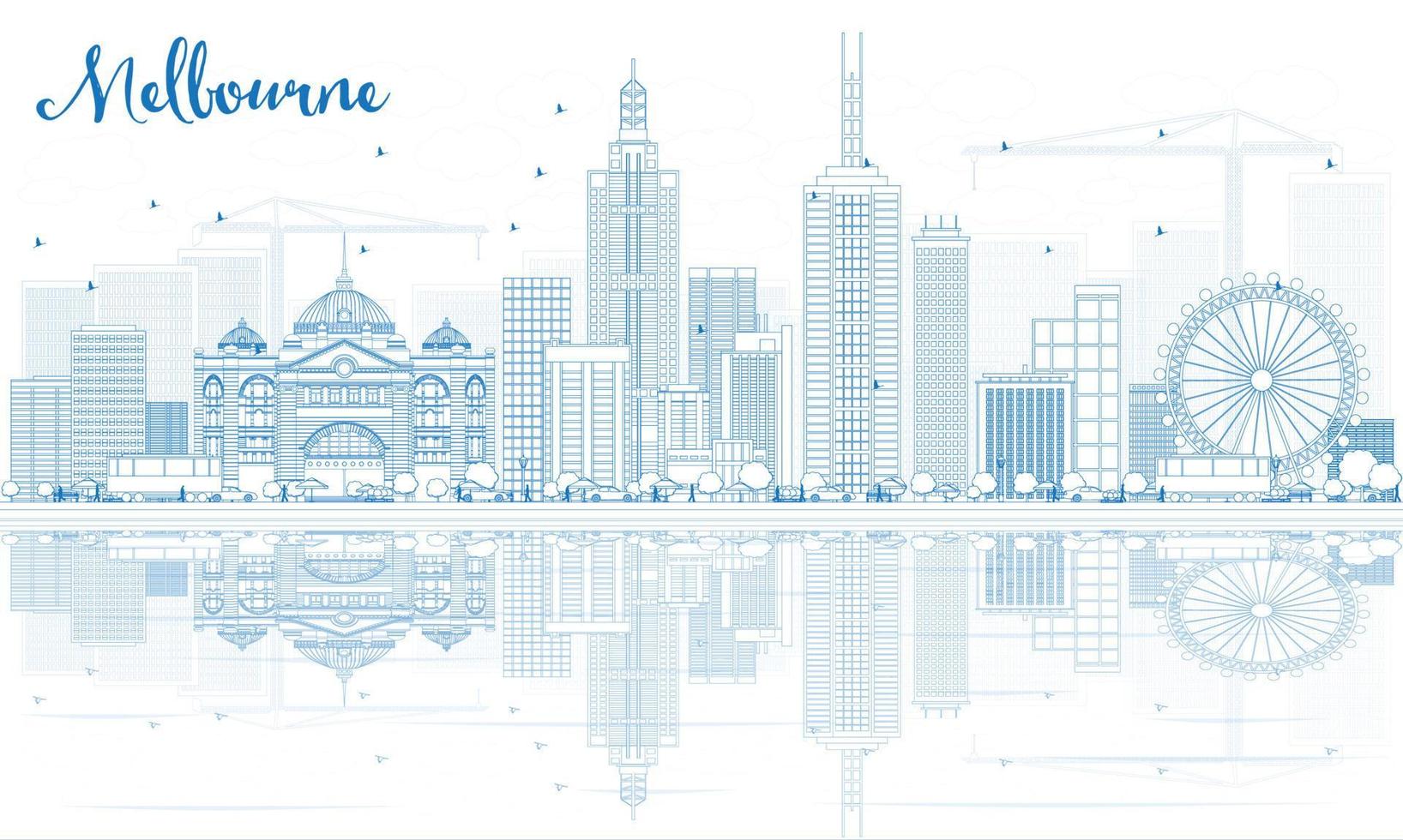 Outline Melbourne Skyline with Blue Buildings and Reflections. vector