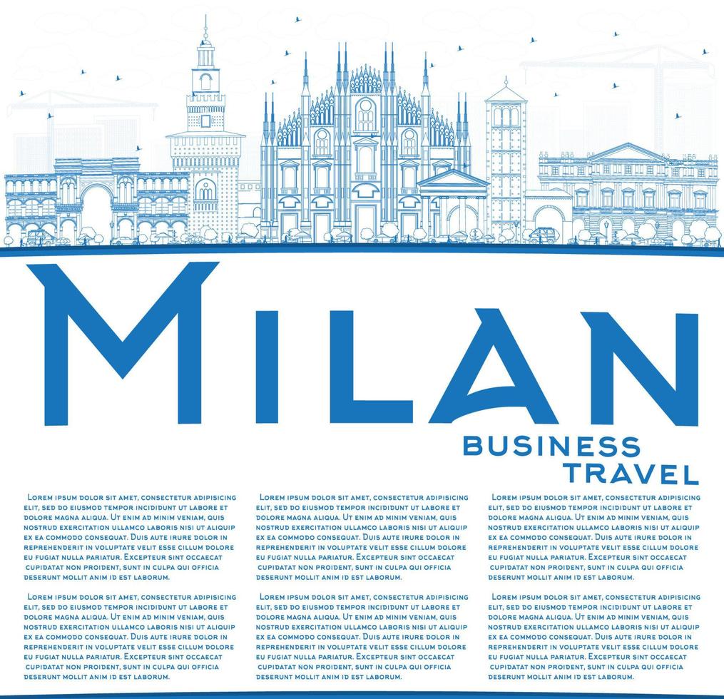 Outline Milan Skyline with Blue Landmarks and Copy Space. vector