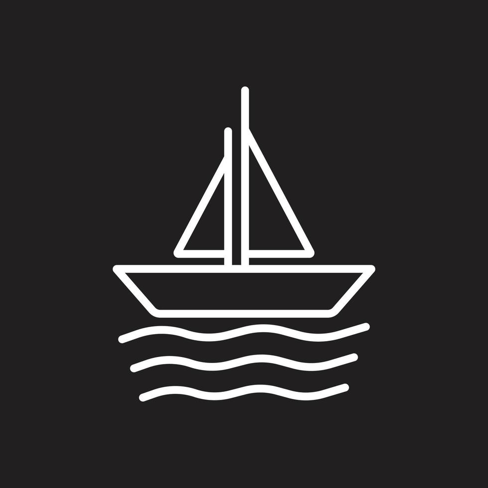 eps10 icono de línea de velero de vector blanco aislado sobre fondo negro. barco con símbolo de olas marinas en un estilo moderno y sencillo para el diseño de su sitio web, logotipo, pictograma y aplicación móvil