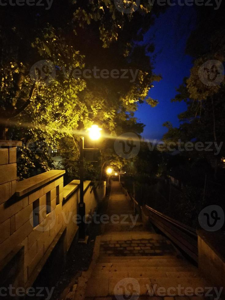 A lit up city at night photo