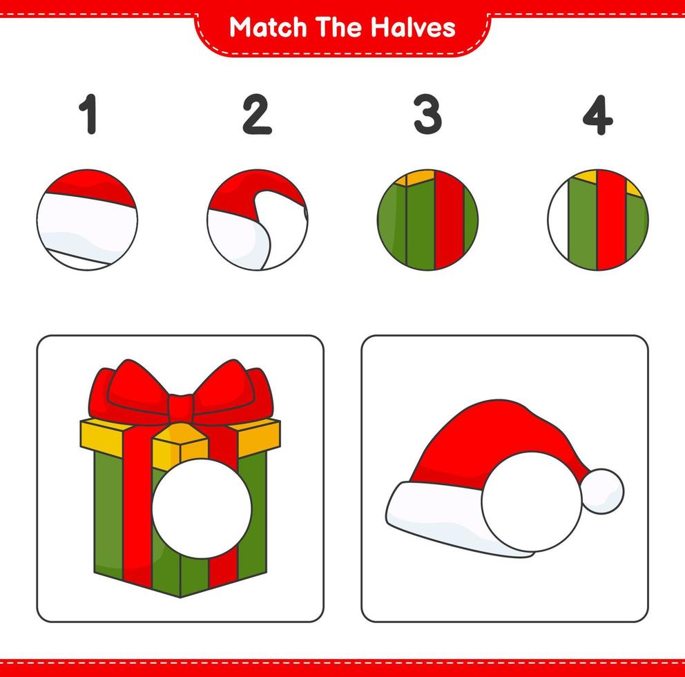 Empareja las mitades. combina las mitades del sombrero de santa y la caja de regalo. juego educativo para niños, hoja de cálculo imprimible, ilustración vectorial vector