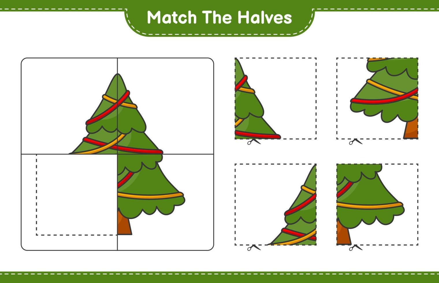 Match the halves. Match halves of Christmas Tree. Educational children game, printable worksheet, vector illustration