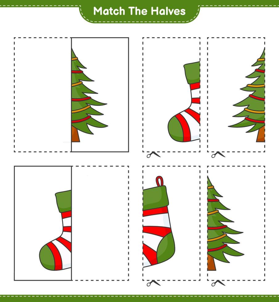 Match the halves. Match halves of Christmas Sock and Christmas Tree. Educational children game, printable worksheet, vector illustration