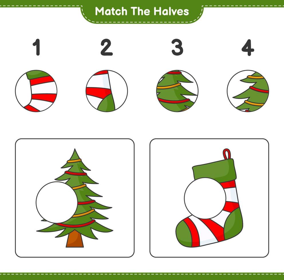 Empareja las mitades. combina las mitades del calcetín de navidad y el árbol de navidad. juego educativo para niños, hoja de cálculo imprimible, ilustración vectorial vector