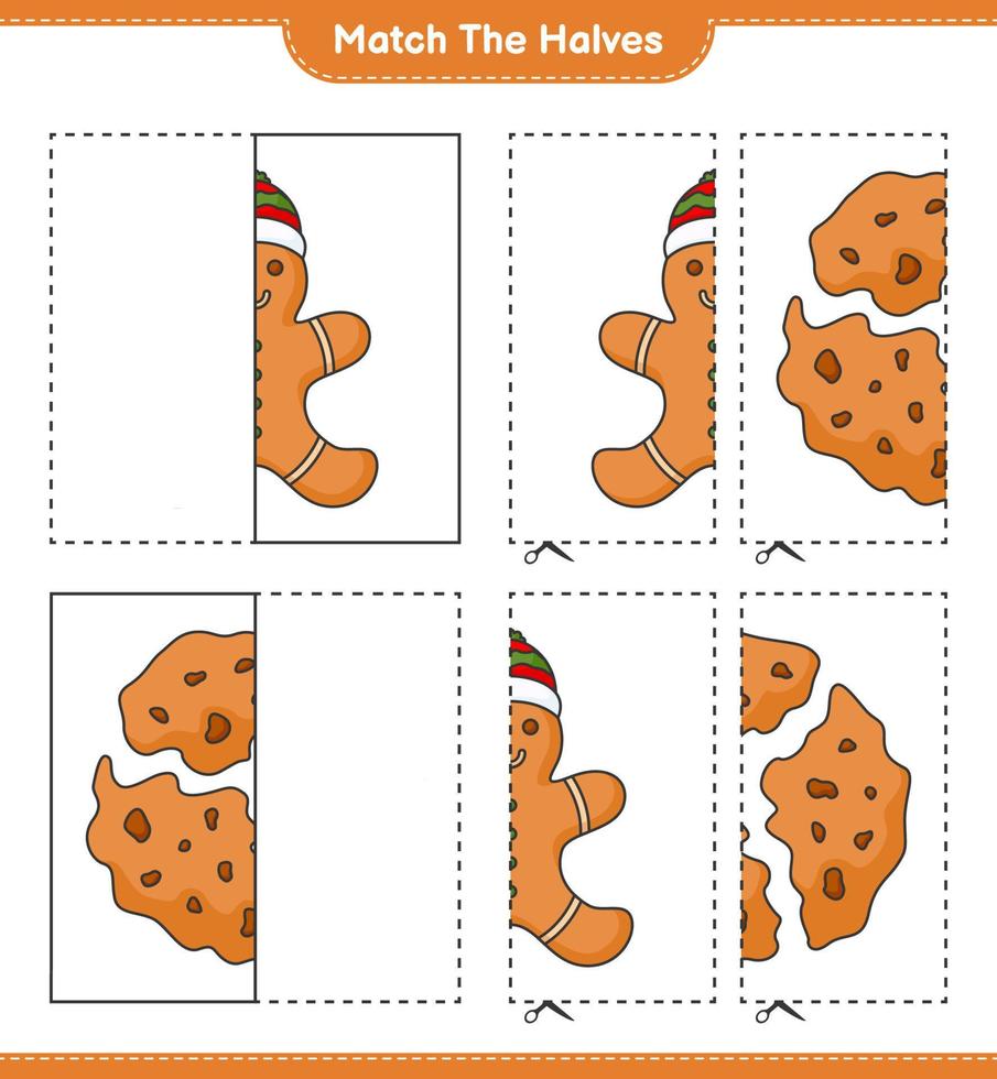 Empareja las mitades. une las mitades del hombre de jengibre y las galletas. juego educativo para niños, hoja de cálculo imprimible, ilustración vectorial vector