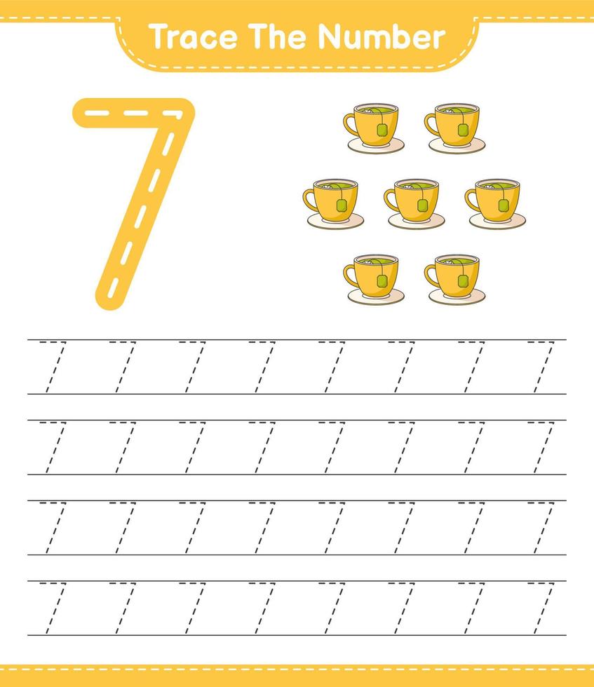 Trace the number. Tracing number with Tea Cup. Educational children game, printable worksheet, vector illustration