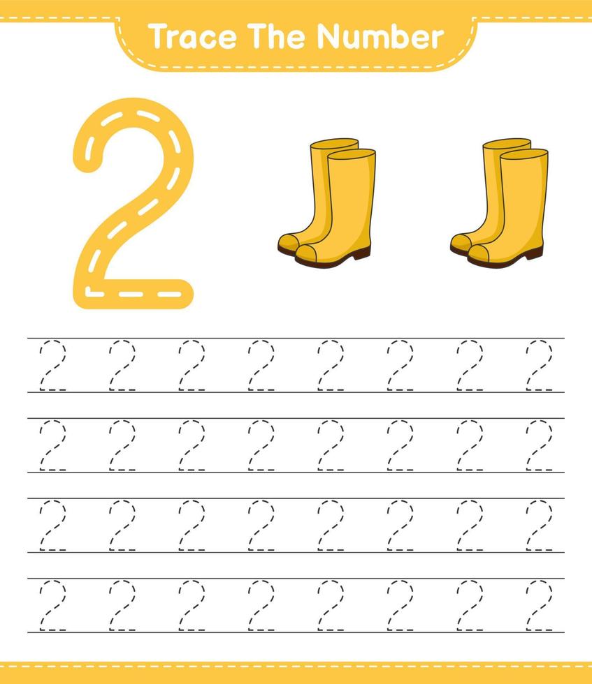 Trace the number. Tracing number with Rubber Boots. Educational children game, printable worksheet, vector illustration