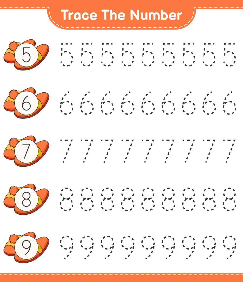 Trace the number. Tracing number with Slippers. Educational children game, printable worksheet, vector illustration