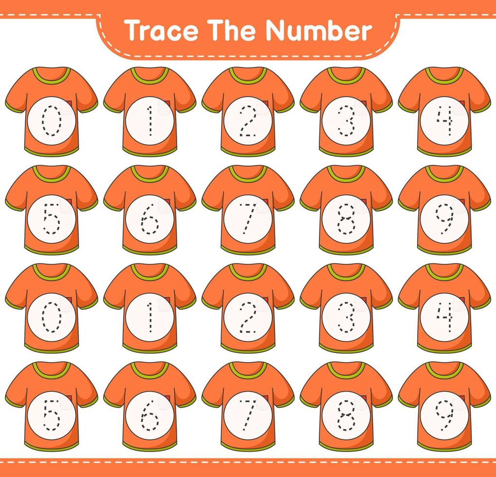 Trace the number. Tracing number with T-shirt. Educational children game, printable worksheet, vector illustration