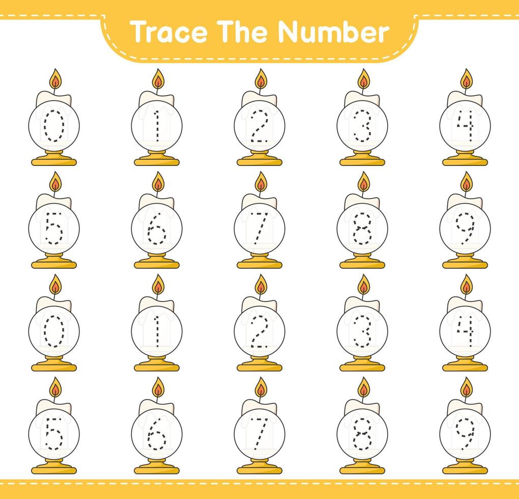 Trace the number. Tracing number with Candle. Educational children game, printable worksheet, vector illustration