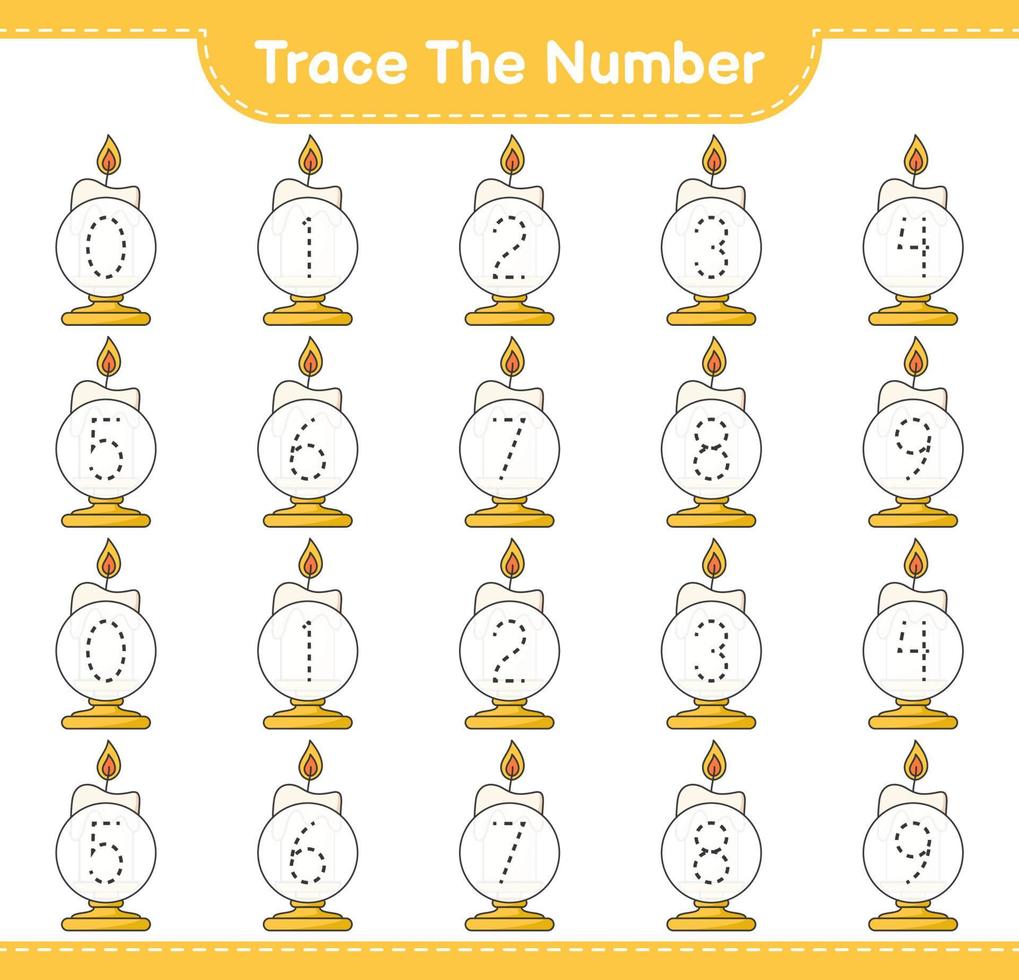 Trace the number. Tracing number with Candle. Educational children game, printable worksheet, vector illustration