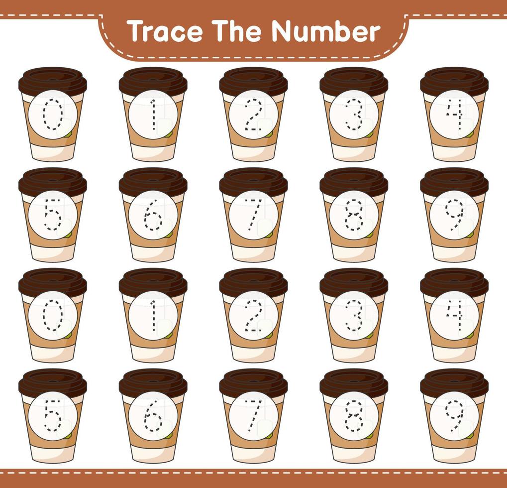 Trace the number. Tracing number with Tea Cup. Educational children game, printable worksheet, vector illustration