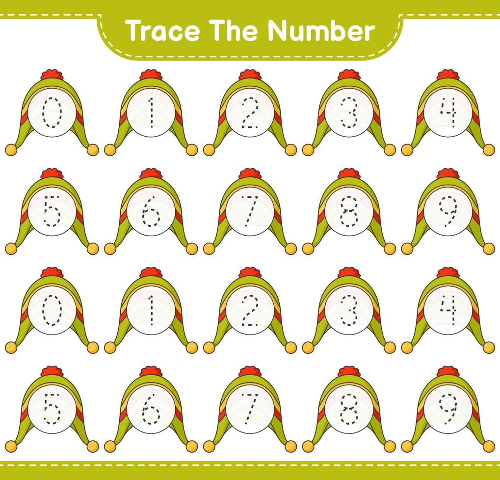 Trace the number. Tracing number with Hat. Educational children game, printable worksheet, vector illustration