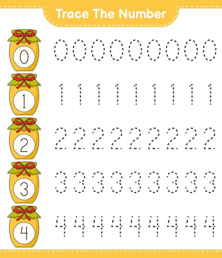 Trace the number. Tracing number with Jam. Educational children game, printable worksheet, vector illustration