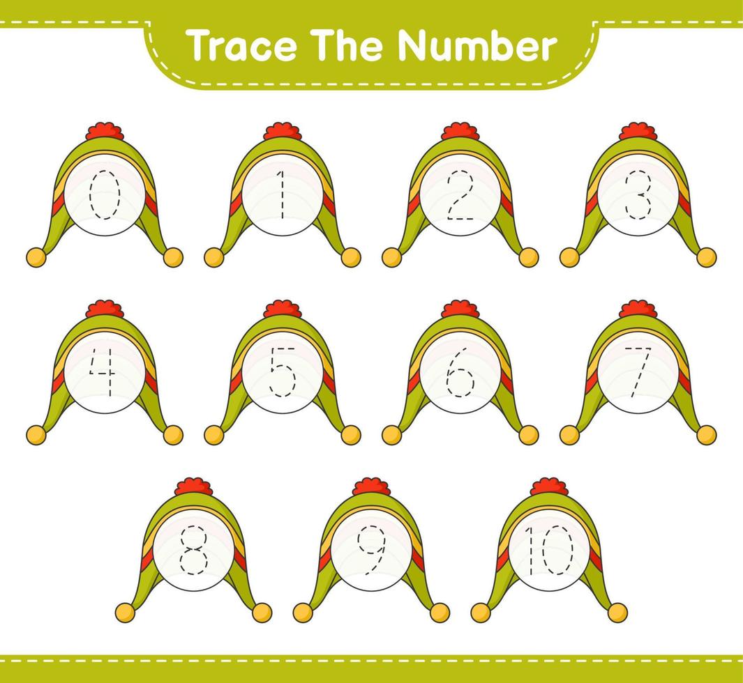 Trace the number. Tracing number with Hat. Educational children game, printable worksheet, vector illustration