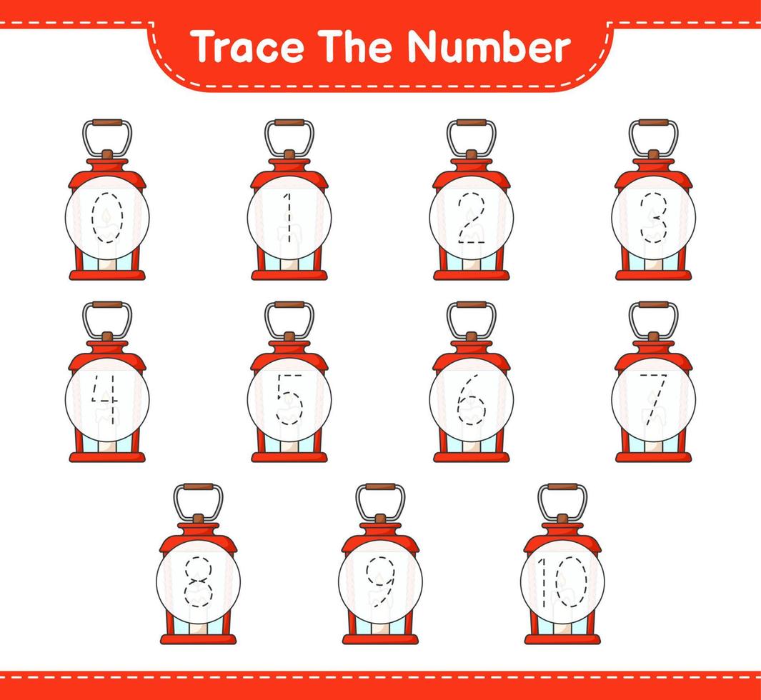 Trace the number. Tracing number with Lantern. Educational children game, printable worksheet, vector illustration