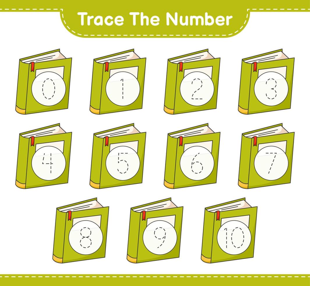 Trace the number. Tracing number with Book. Educational children game, printable worksheet, vector illustration