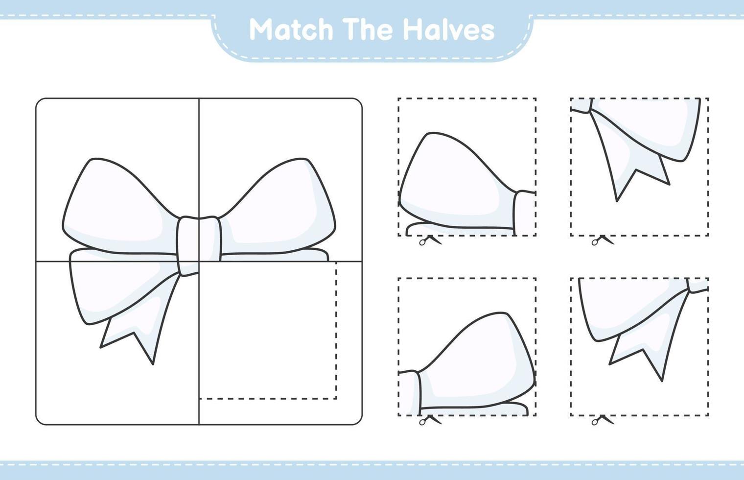 Empareja las mitades. emparejar las mitades de la cinta. juego educativo para niños, hoja de cálculo imprimible, ilustración vectorial vector