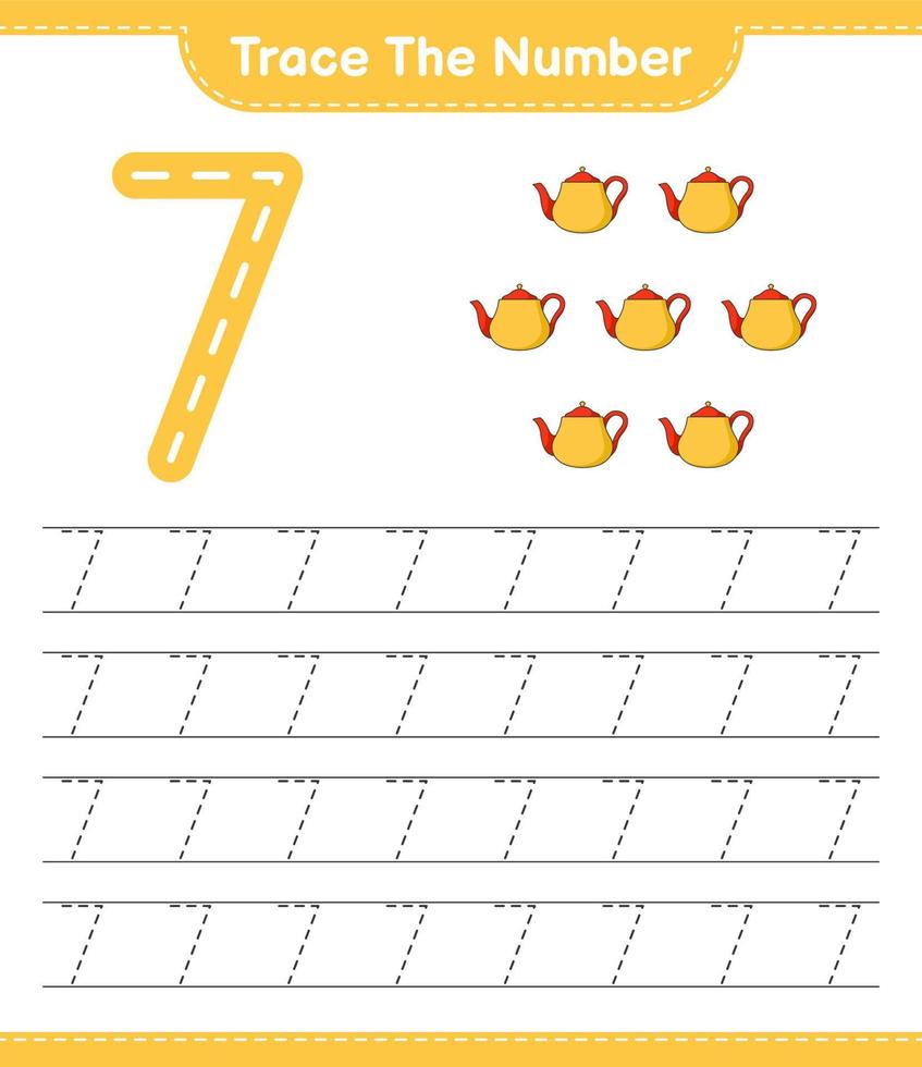 Trace the number. Tracing number with Teapot. Educational children game, printable worksheet, vector illustration