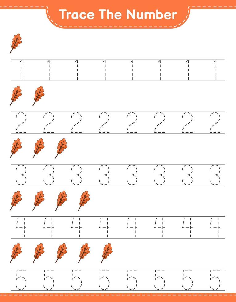 Trace the number. Tracing number with Oak Leaf. Educational children game, printable worksheet, vector illustration