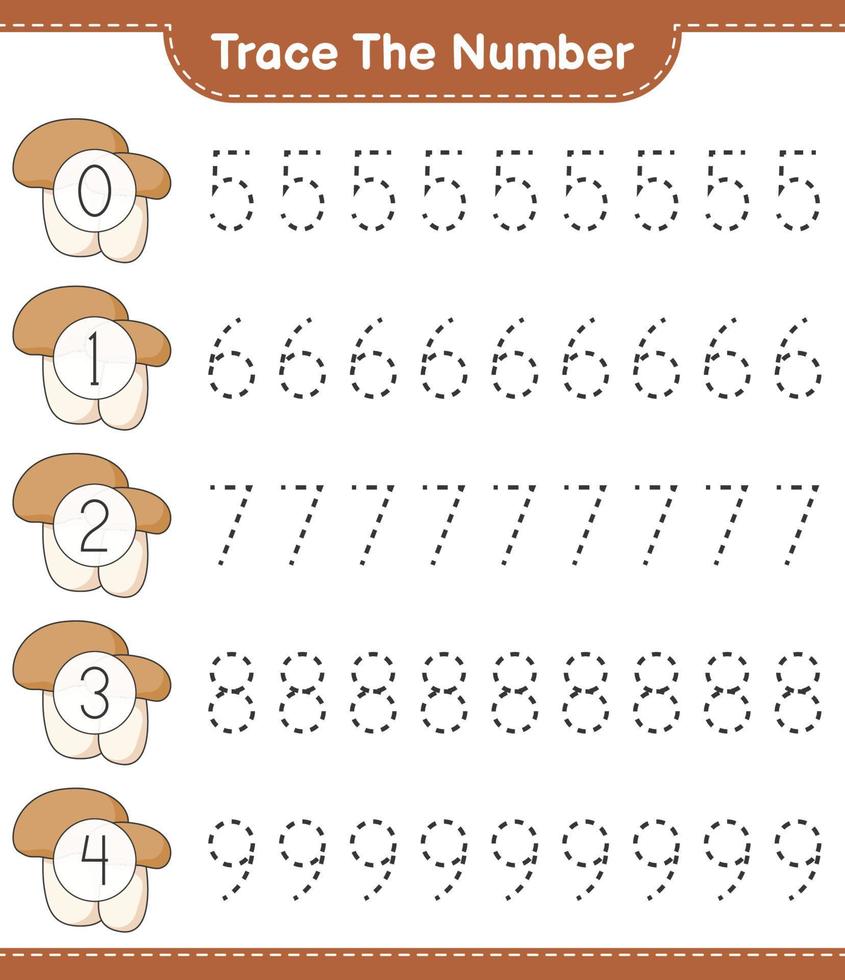 Trace the number. Tracing number with Mushroom Boletus. Educational children game, printable worksheet, vector illustration