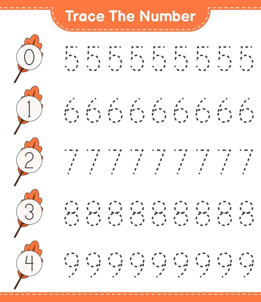 Trace the number. Tracing number with Oak Leaf. Educational children game, printable worksheet, vector illustration