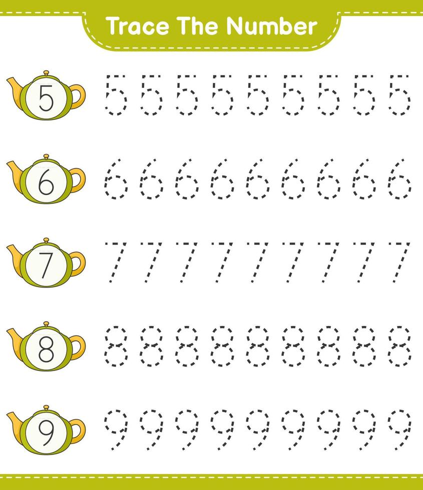 Trace the number. Tracing number with Teapot. Educational children game, printable worksheet, vector illustration