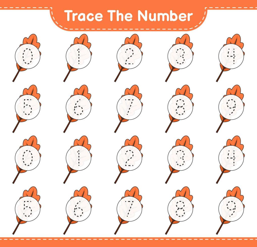 Trace the number. Tracing number with Oak Leaf. Educational children game, printable worksheet, vector illustration