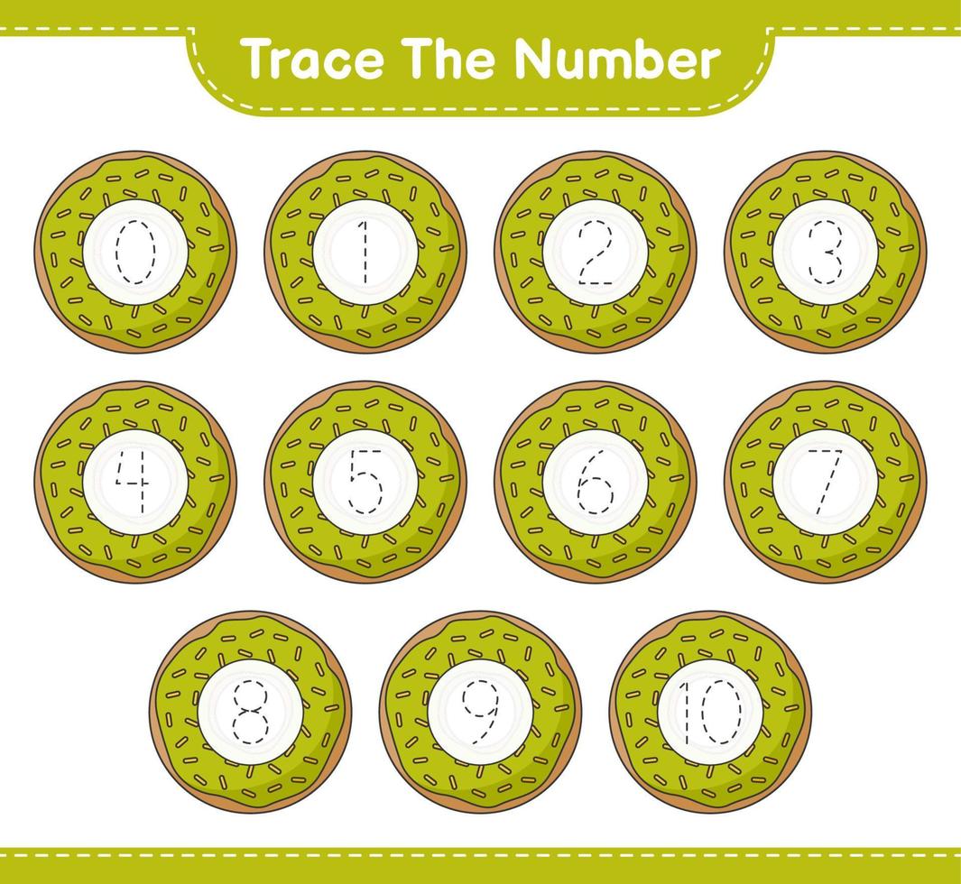 Trace the number. Tracing number with Donut. Educational children game, printable worksheet, vector illustration