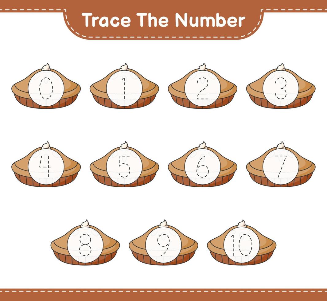 Trace the number. Tracing number with Pie. Educational children game, printable worksheet, vector illustration