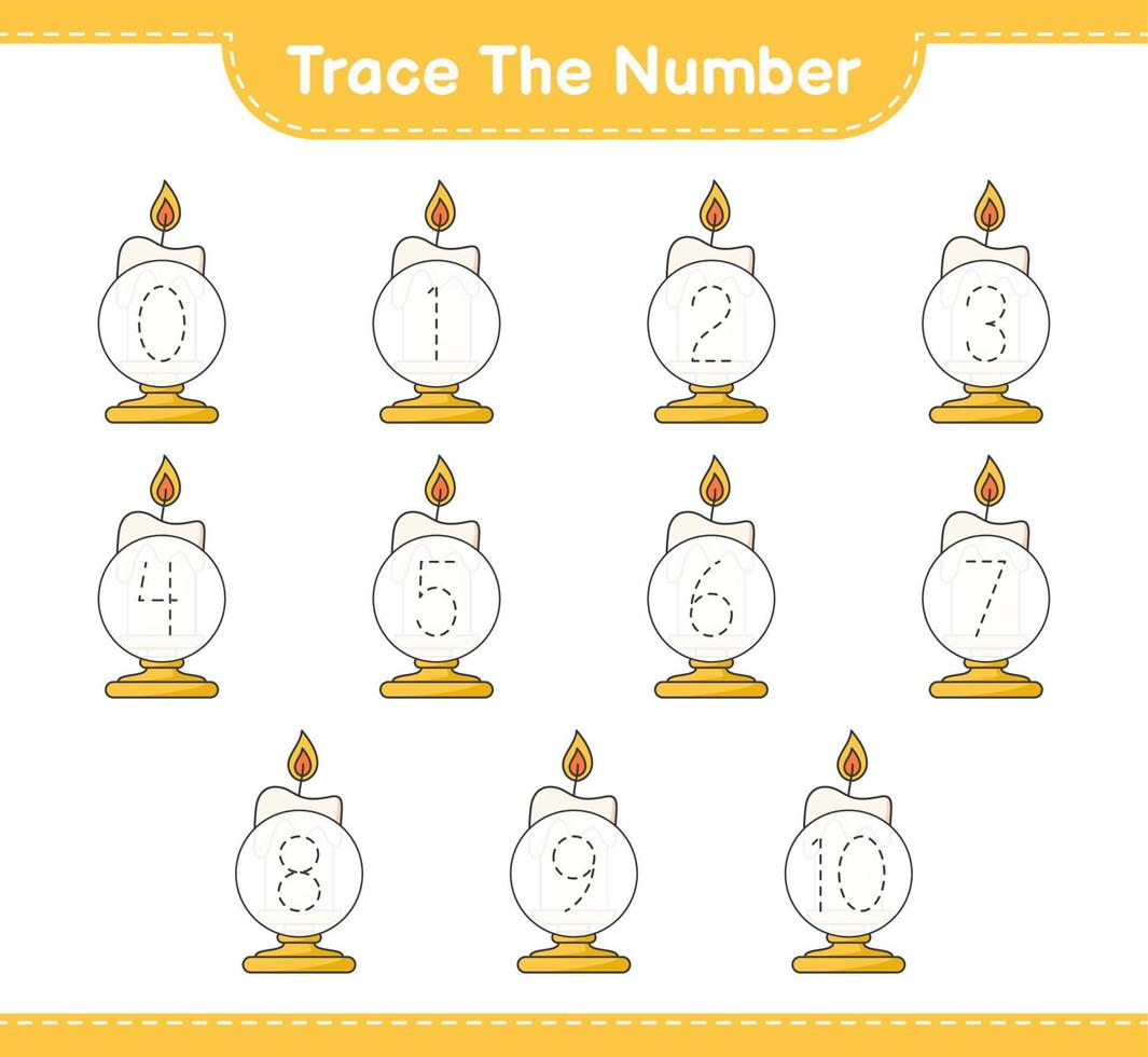 Trace the number. Tracing number with Candle. Educational children game, printable worksheet, vector illustration